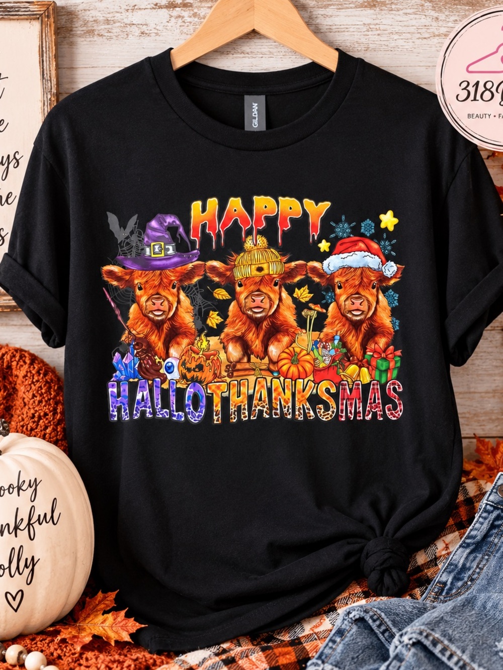 Gildan Black 'Happy Hallothanksmas' Holiday Cow Trio Tee